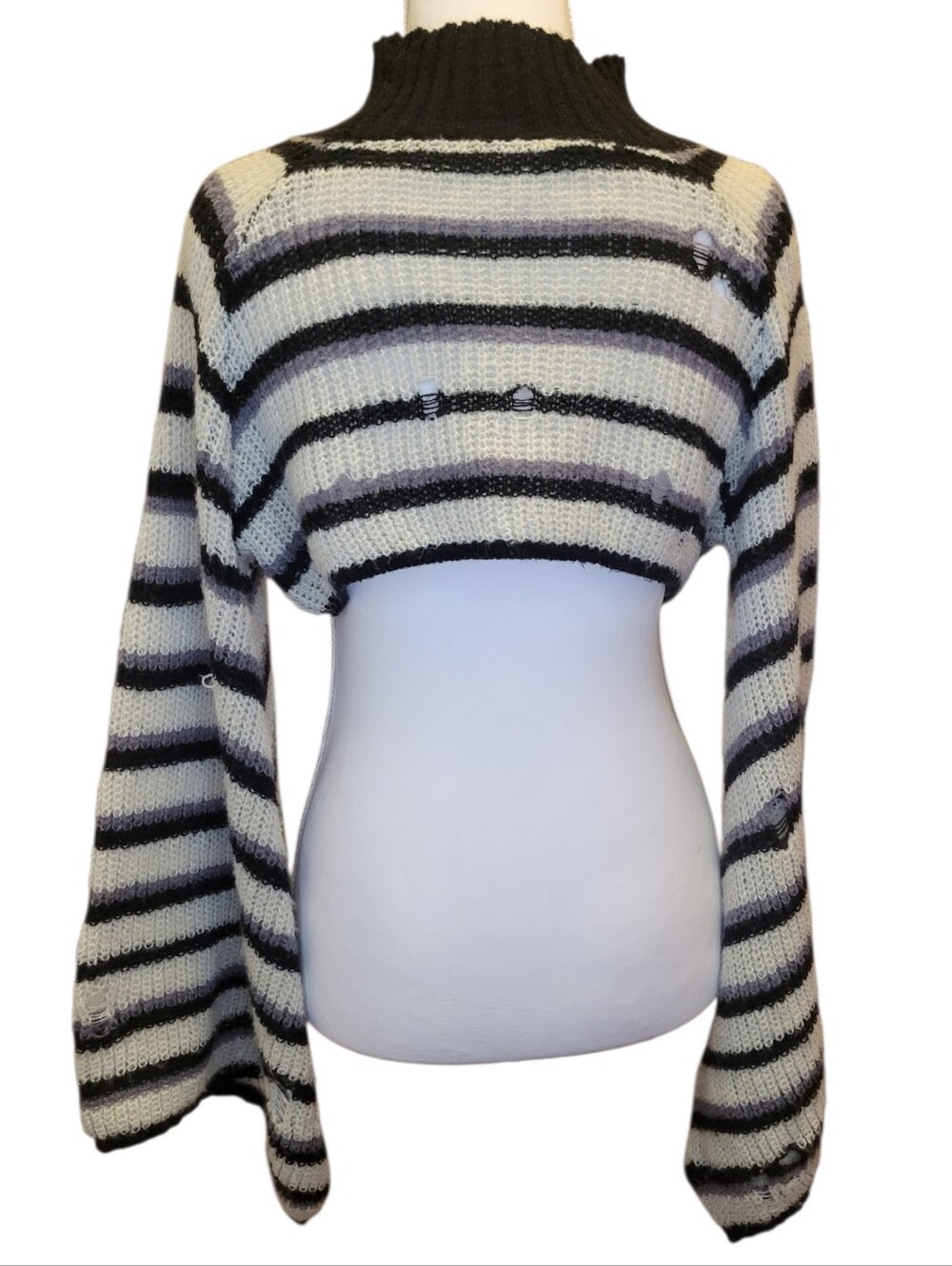 Distressed Grunge Striped Mock Neck Cropped Sweater - Picture 5 of 7